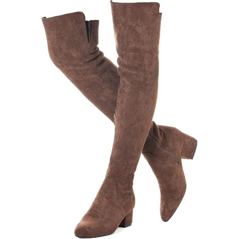 Women Coffee\2 Ihch Suede Over the Knee Thigh High Chunky Block Heel Boots